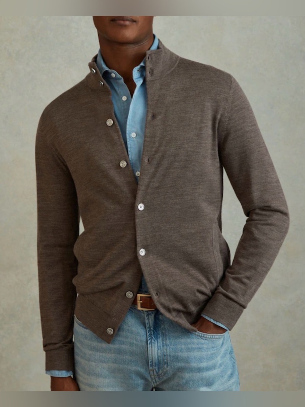 Reiss Harlow 100% Merino Wool Button Funnel Neck Sweater Dark Brown Size Medium